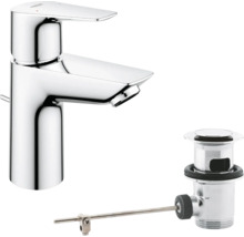 Umývadlová batéria GROHE s odtokovou súpravou s tiahlom z lesklého chrómu do kúpeľne.