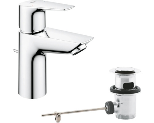 Umývadlová batéria GROHE s odtokovou súpravou s tiahlom z lesklého chrómu do kúpeľne.