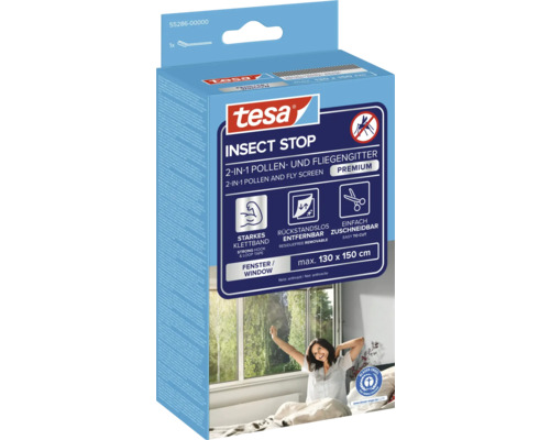 tesa Insect Stop 2 v 1 prémiová sieťka proti peľu a hmyzu do okien, farba antracit, odstrániteľná bez zvyškov, maximálne 130 na 150 centimetrov.