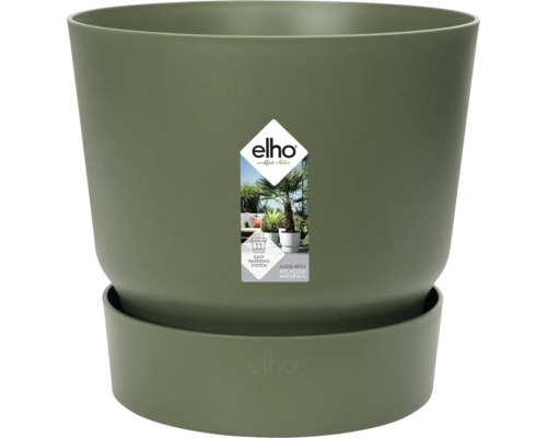Kvetináč Elho s integrovanou miskou, olivovozelený, z recyklovaného plastu, s jednoduchým systémom zavlažovania.