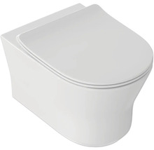 Závesná toaleta z bielej keramiky s prislúchajúcim toaletným sedadlom a krytom.