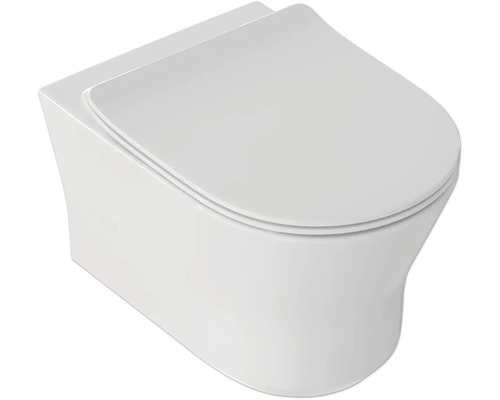 Závesná toaleta z bielej keramiky s prislúchajúcim toaletným sedadlom a krytom.
