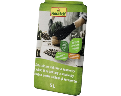 FloraSelf substrát na kaktusy a sukulenty 5 litrov, špeciálny substrát s kremičitým pieskom, optimálnym pH a stopovými prvkami.