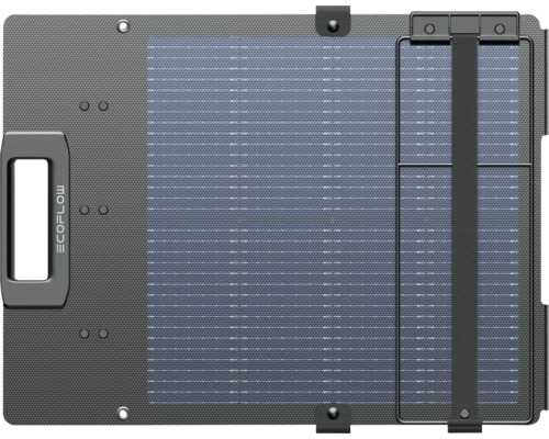 Prenosný solárny panel EcoFlow v zloženom stave s rukoväťou, logom EcoFlow a štruktúrovaným povrchom.
