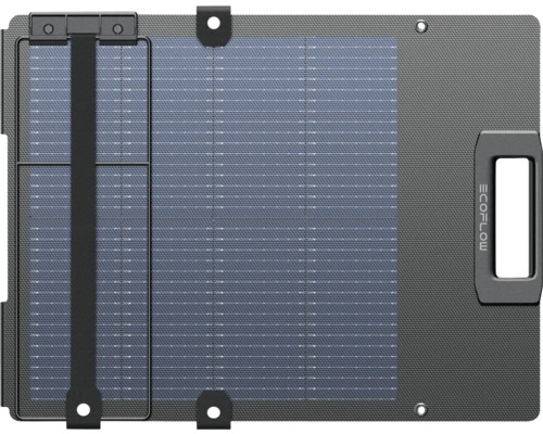 Prenosný solárny panel EcoFlow s integrovanou rukoväťou a montážnymi okami pre mobilné napájanie.