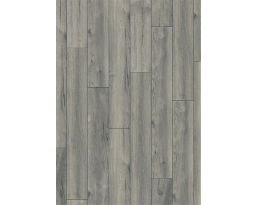 Laminátová podlaha s dekórom duba, sivou štruktúrou dreva a viditeľnými hrčami.