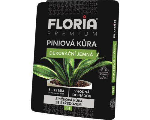 5 litrové balenie Floria Premium píniovej kôry, dekoračná jemná, veľkosť 5 až 15 milimetrov, vhodná do nádob.
