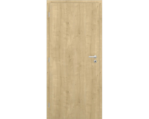 Interiérové dvere v dekore duba so zárubňou, striebornou kľučkou a kľúčovou dierkou.