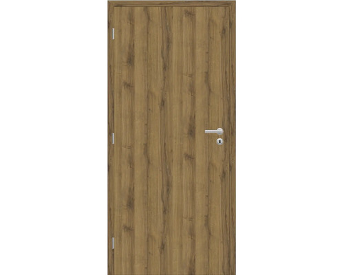 Interiérové dvere s dekorom dreva vo vzhľade duba, vrátane striebornej kľučky a rozety.