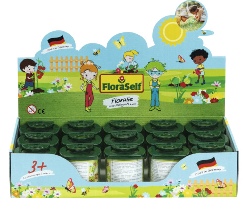 FloraSelf Logo na predajnom stojane Floralie záhradkárčenie s deťmi, kvetináče, ilustrácie detí, od troch rokov, Vyrobené v Nemecku.