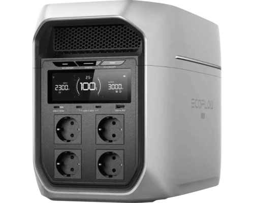 Prenosná napájacia stanica EcoFlow s digitálnym displejom, štyrmi zásuvkami, USB portmi a vetracími mriežkami.