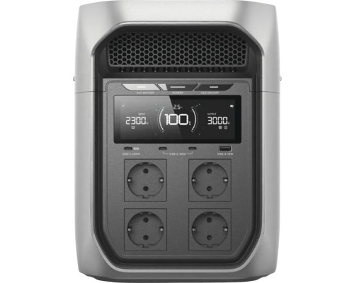Prenosná napájacia stanica s displejom zobrazujúcim 100 percent nabitia, štyrmi zásuvkami a portmi USB-C a USB-A.