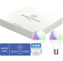 Štartovacia sada SMART HOME by hornbach s bránou a dvoma farebnými LED žiarovkami, VDE certifikovaná informačná bezpečnosť, SMART HOME by hornbach Logo.