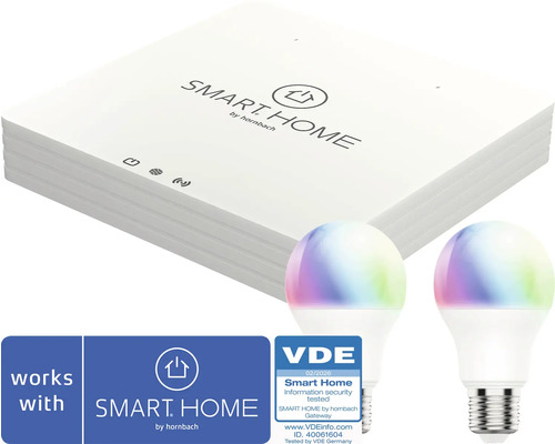 Štartovacia sada SMART HOME by hornbach s bránou a dvoma farebnými LED žiarovkami, VDE certifikovaná informačná bezpečnosť, SMART HOME by hornbach Logo.