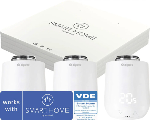 Štartovacia súprava Smart Home by hornbach s bránou a tromi radiátorovými termostatmi Zigbee, VDE testovaná informačná bezpečnosť.