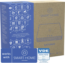 Balenie pre bránu SMART HOME by hornbach s ikonami pre kompatibilné zariadenia a pečaťou VDE pre informačnú bezpečnosť.