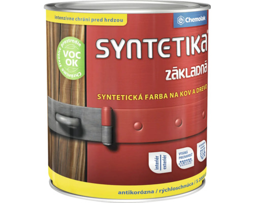 Chemolak Syntetika Základná, syntetická základná farba na kov a drevo, antikorózna, rýchloschnúca, pre interiér aj exteriér.