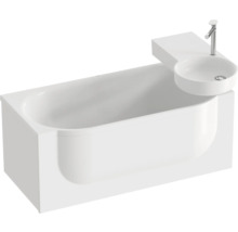 Biela obdĺžniková vaňa s integrovaným okrúhlym umývadlom a chrómovou batériou.