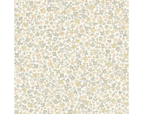 Tapeta s drobným kvetinovým vzorom v dizajne millefleurs, béžová a sivá v akvarelovom štýle.