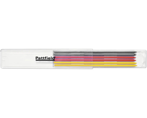 Sivé, červené a žlté náhradné tuhy Pattfield pre značkovač hlbokých otvorov v plastovom puzdre s Pattfield Logo.