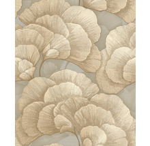 Tapeta s veľkoplošným vzorom listov ginkga, metalický lesk, béžová a zlatá farba.