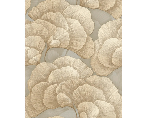 Tapeta s veľkoplošným vzorom listov ginkga, metalický lesk, béžová a zlatá farba.