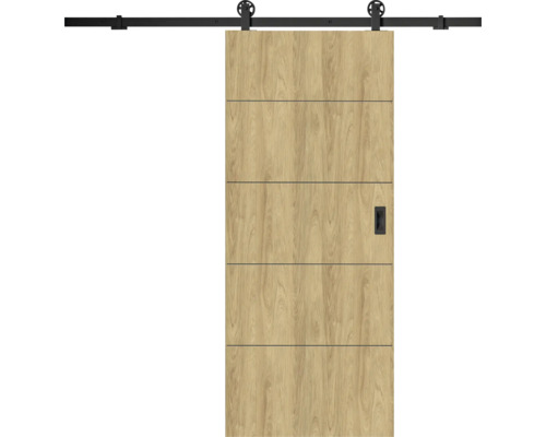 Posuvné dvere v dekore duba s piatimi horizontálnymi segmentmi, čiernym koľajnicovým systémom a zapustenou kľučkou.