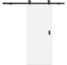 Biele posuvné dvere s čiernym koľajnicovým systémom a mušľovým úchytom.