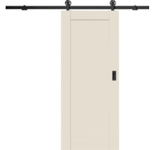 Posuvné dvere v štýle stodoly s krémovým krídlom, čiernym koľajnicovým systémom a viditeľnými kolieskami.
