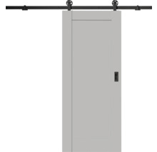 Svetlosivé posuvné dvere v štýle stodoly s čiernym kovovým koľajnicovým systémom a zapustenou rukoväťou.