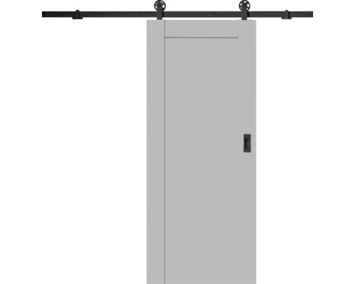 Svetlosivé posuvné dvere v štýle stodoly s čiernym kovovým koľajnicovým systémom a zapustenou rukoväťou.
