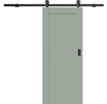 Zelené posuvné dvere s čiernym koľajnicovým systémom a mušľovou kľučkou.