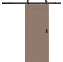Posuvné dvere v štýle stodoly s čiernym koľajnicovým systémom a mušľovým úchytom, hnedé