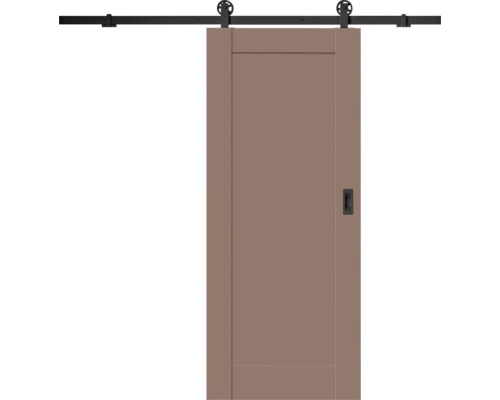 Posuvné dvere v štýle stodoly s čiernym koľajnicovým systémom a mušľovým úchytom, hnedé