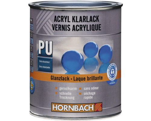 Hornbach akrylový lak lesklý, PU zosilnený, extra odolný proti poškriabaniu, bez zápachu, rýchloschnúci, pečať Modrý anjel, Hornbach Logo.