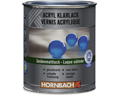 Plechovka akrylového bezfarebného laku Hornbach, hodvábne matný, na vodnej báze, rýchloschnúci, so symbolom Der Blaue Engel.