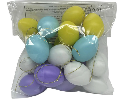 Veľkonočné vajíčka pastelové 20 ks Súprava farebných plastových veľkonočných vajíčok so zlatými šnúrkami na zavesenie v priehľadnom vrecku.
