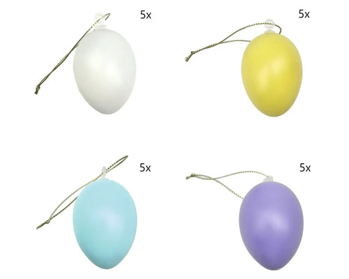 20-dielna súprava plastových veľkonočných vajíčok na zavesenie, po 5 kusov v bielej, žltej, modrej a fialovej farbe.