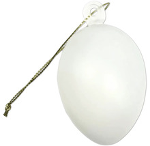 Biele veľkonočné vajíčko z plastu na zavesenie so zlatou šnúrkou.