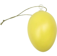 Žlté dekoratívne vajíčko z plastu s pútkom na zavesenie na veľkonočnú výzdobu.