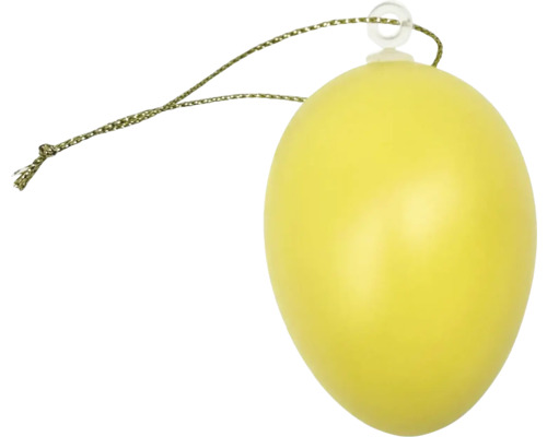 Žlté dekoratívne vajíčko z plastu s pútkom na zavesenie na veľkonočnú výzdobu.