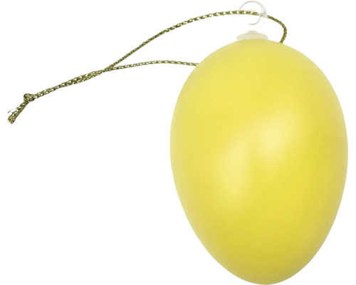 Žlté dekoračné vajíčko na zavesenie s tenkou šnúrkou.
