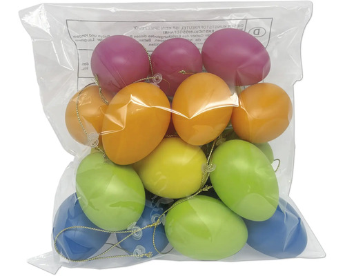 Veľkonočné vajíčka pastelové 20 ks Plastové veľkonočné vajíčka na zavesenie v rôznych farbách so zlatými šnúrkami v priehľadnom obale.