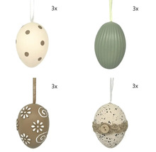 Súprava 12 dekoratívnych veľkonočných vajíčok na zavesenie v štyroch vzoroch: bodkované, ryhované, kvetované a kropenaté s jutovou stuhou a gombíkom.