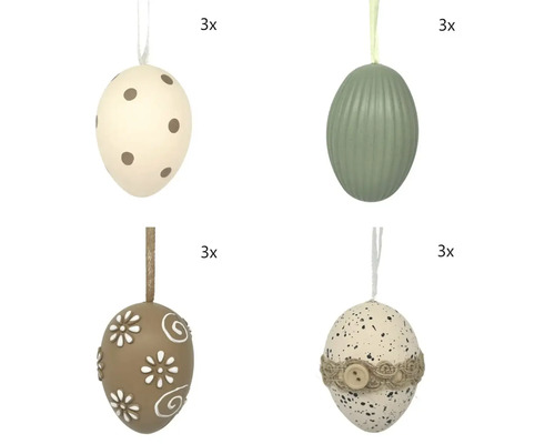 Súprava 12 dekoratívnych veľkonočných vajíčok na zavesenie v štyroch vzoroch: bodkované, ryhované, kvetované a kropenaté s jutovou stuhou a gombíkom.