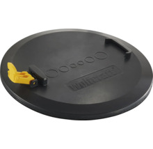 Vŕtacia šablóna Wolfcraft pre krabice do dutých stien z čierneho plastu so žltou upínacou pákou, rukoväťou a Wolfcraft Logo.