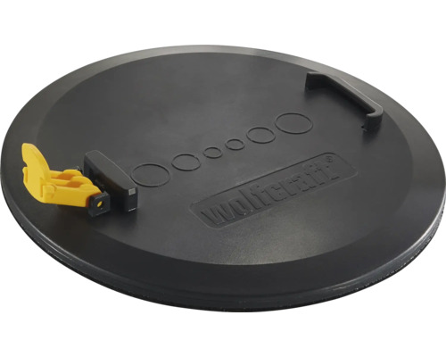 Vŕtacia šablóna Wolfcraft pre krabice do dutých stien z čierneho plastu so žltou upínacou pákou, rukoväťou a Wolfcraft Logo.