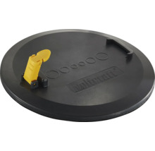 Okrúhla čierna plastová doska Wolfcraft so žltou upínacou páčkou, pevnou rukoväťou, kruhovým značením a Wolfcraft Logo.