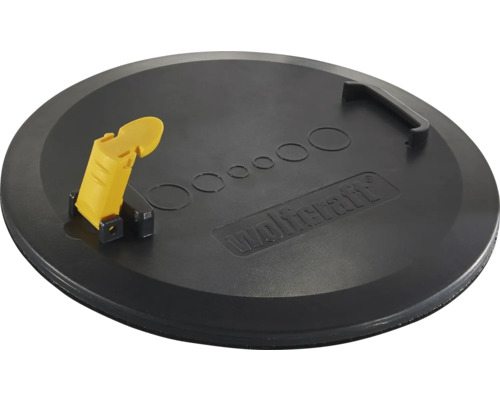 Okrúhla čierna plastová doska Wolfcraft so žltou upínacou páčkou, pevnou rukoväťou, kruhovým značením a Wolfcraft Logo.