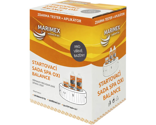 Marimex štartovacia sada Spa Oxi Balance pre vírivé bazény s prípravkami na úpravu vody, testerom a aplikátorom.